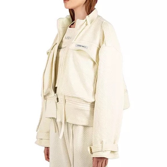 Jacket streetwear pockets cream white waffle fabric hip hop - Picture 6 of 11